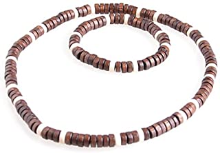 – collar y pulsera con perlas de madera auténtica, estilo playero
